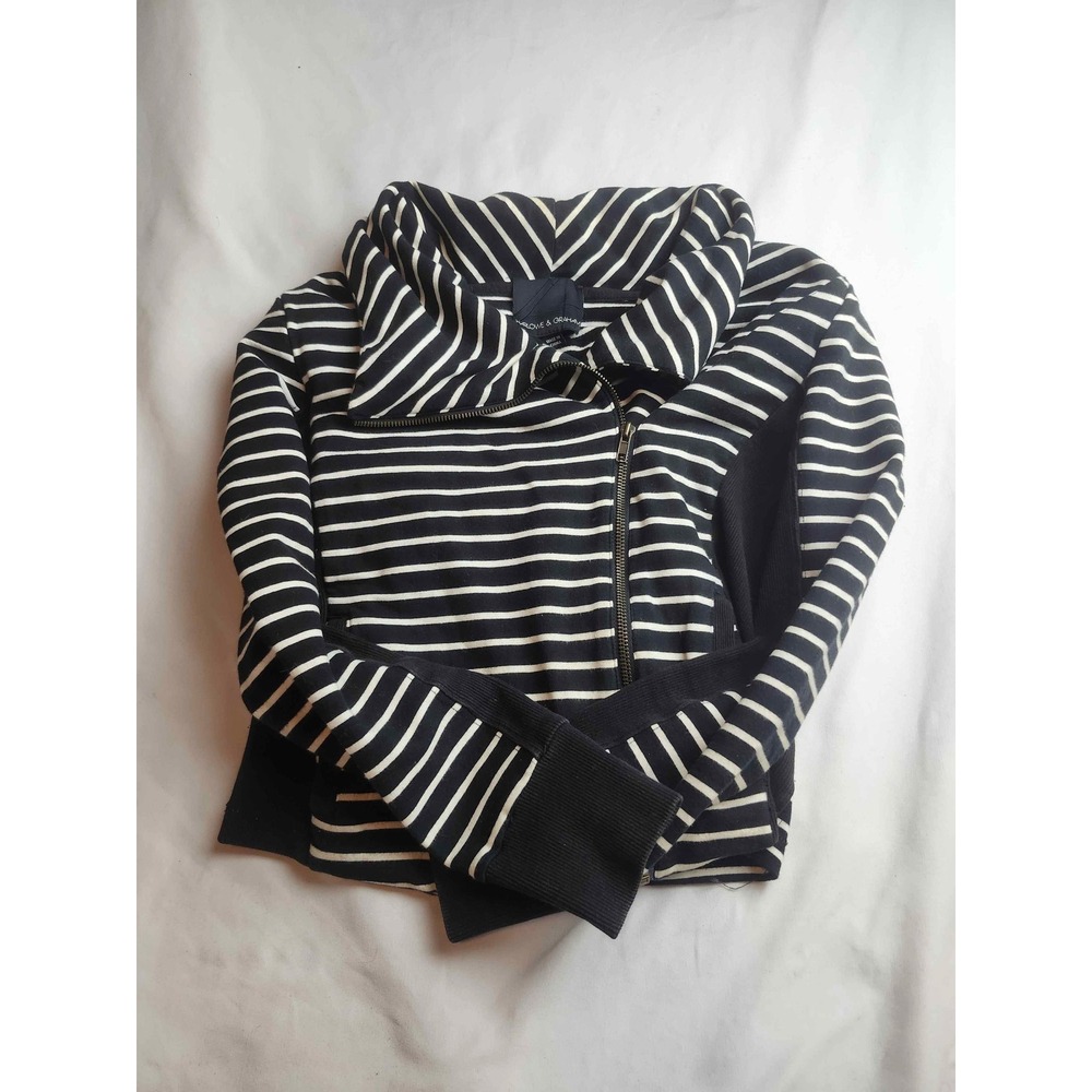 Harlowe & Graham Black White Striped Asymmetric Zip Moto Jacket Womens Small
